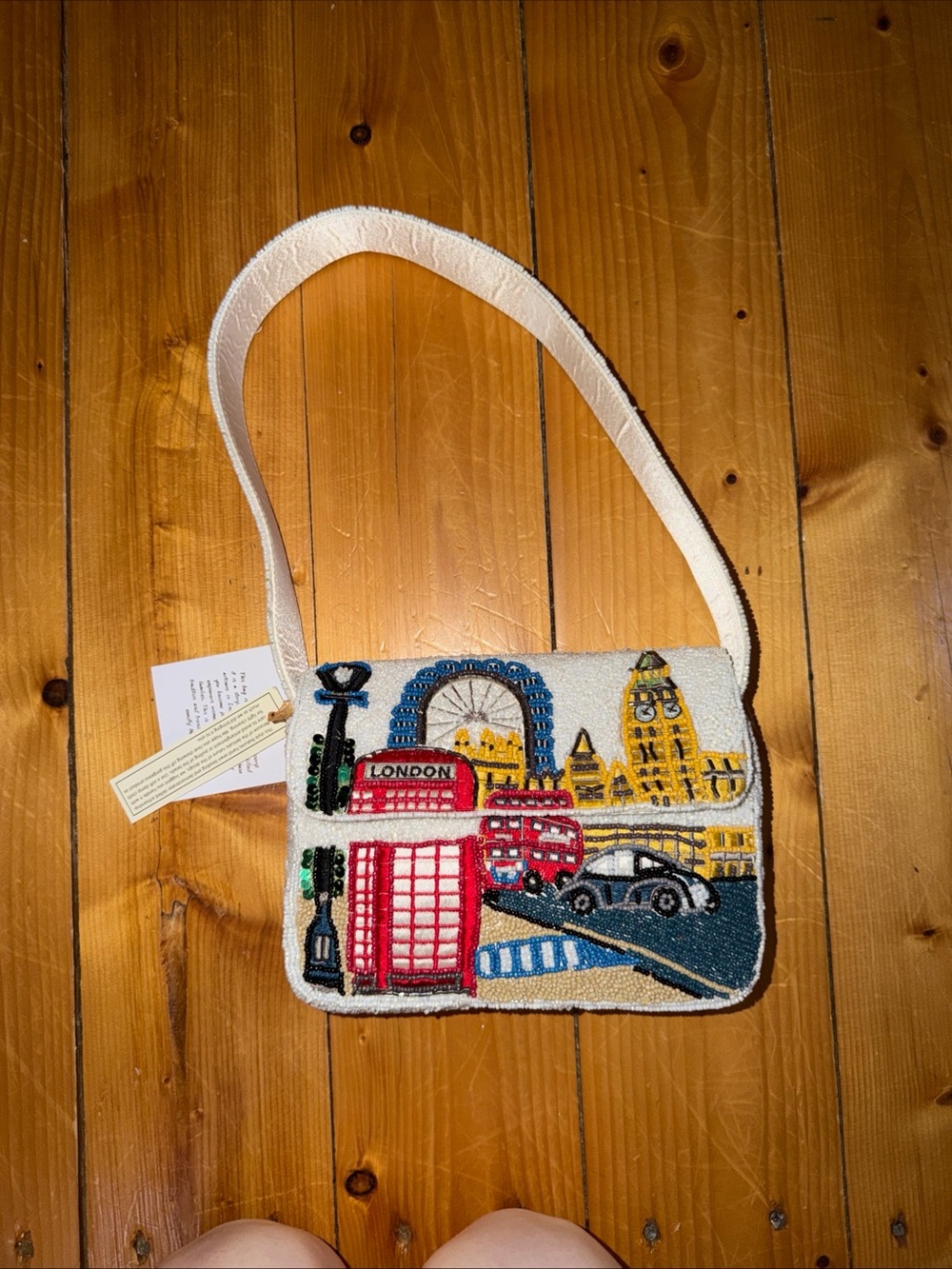 Beaded London Scene Crossbody Bag - Cream with Red & Yellow Accents NWT